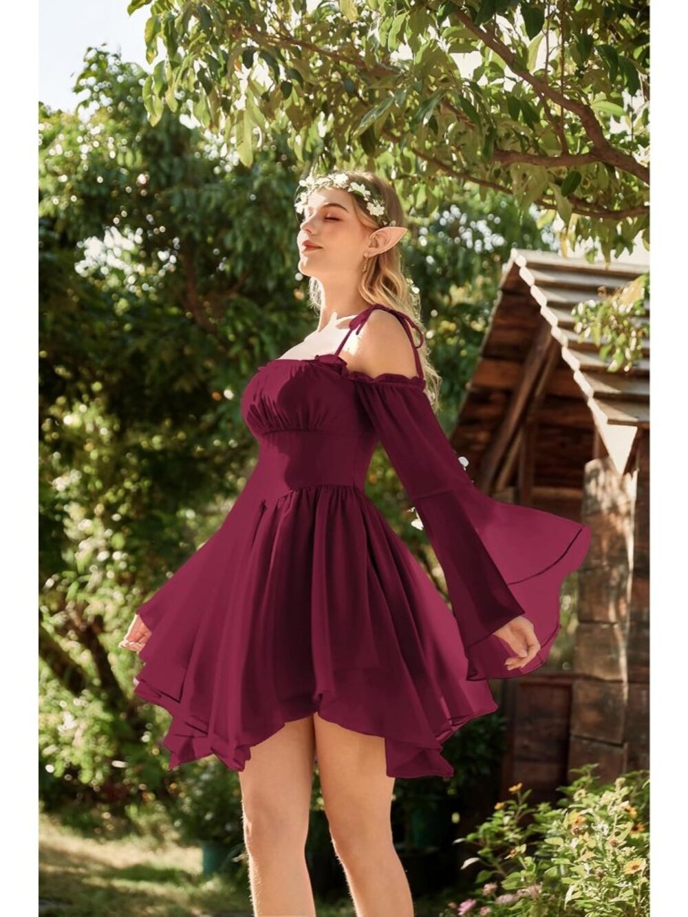 Women's Wine Off Shoulder Fairy A LINE Boho Corset With Pockets Dress - Picture 5 of 6